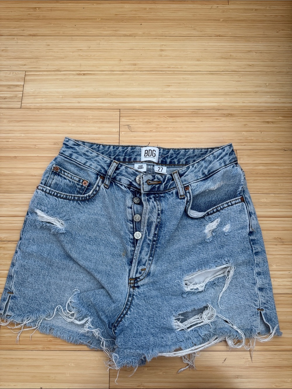 BDG Light Blue Distressed High-Waist Jean Shorts